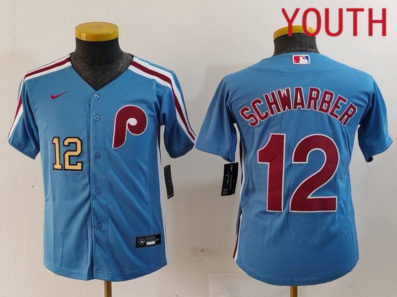 Youth Philadelphia Phillies #12 Schwarber Blue Throwback 2024 Nike MLB Jersey style 2